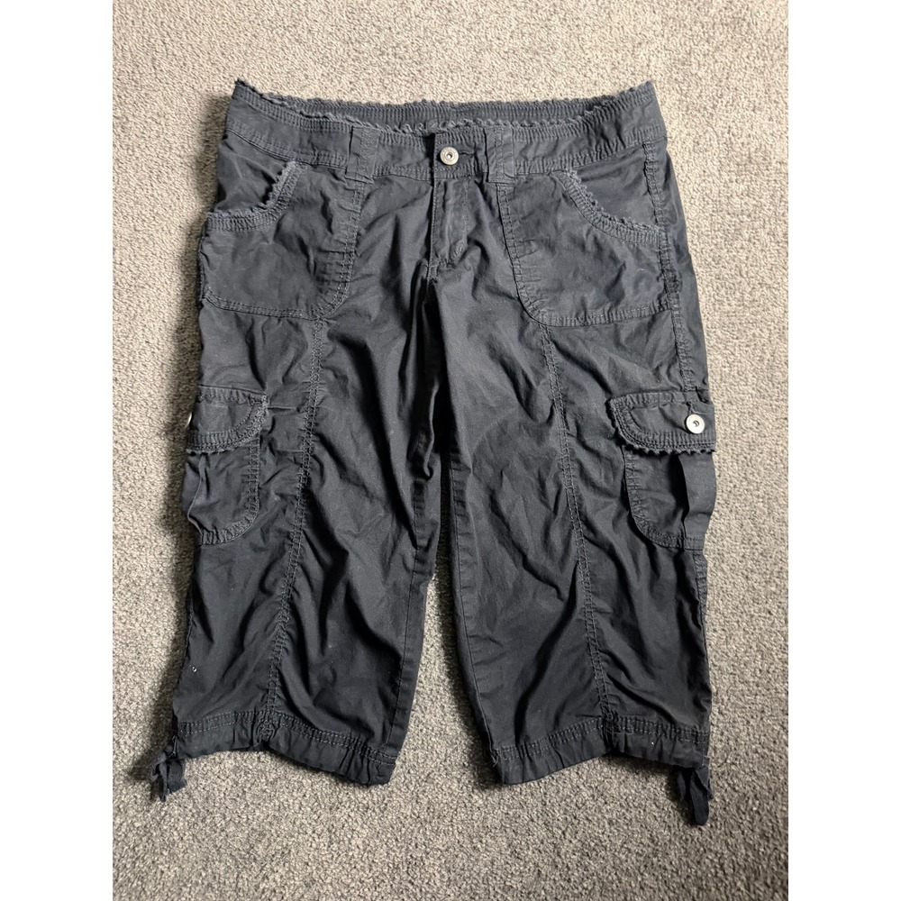 Arizona Jean Co Black Cargo Capri Pants Ruched Tie Hem Y2K Low Rise Sz 11